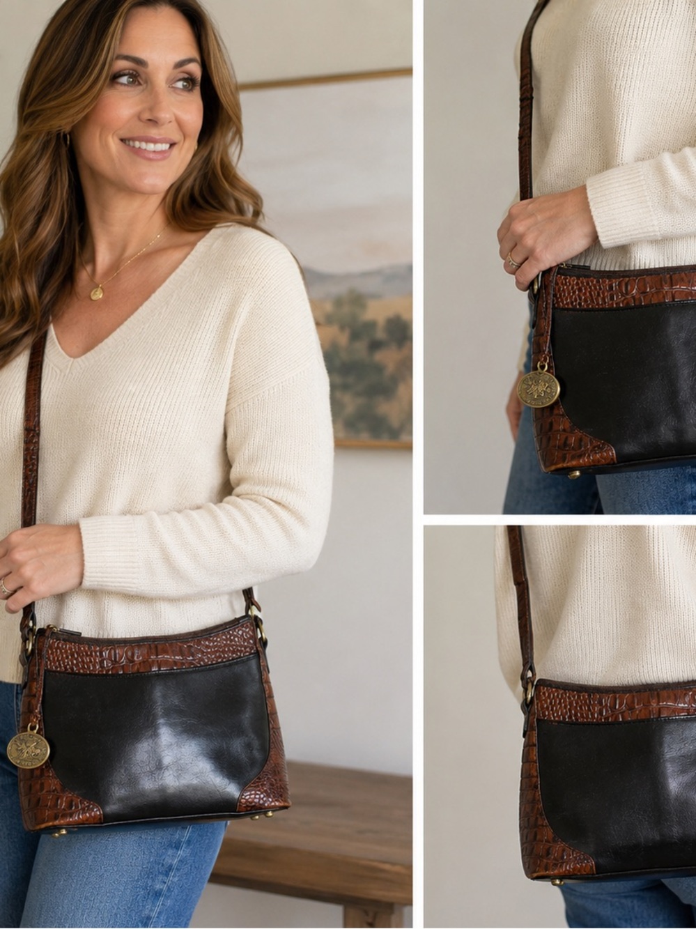 Vintage Brahmin Black Brown Leather Croc Trim Crossbody Shoulder Bag USA
